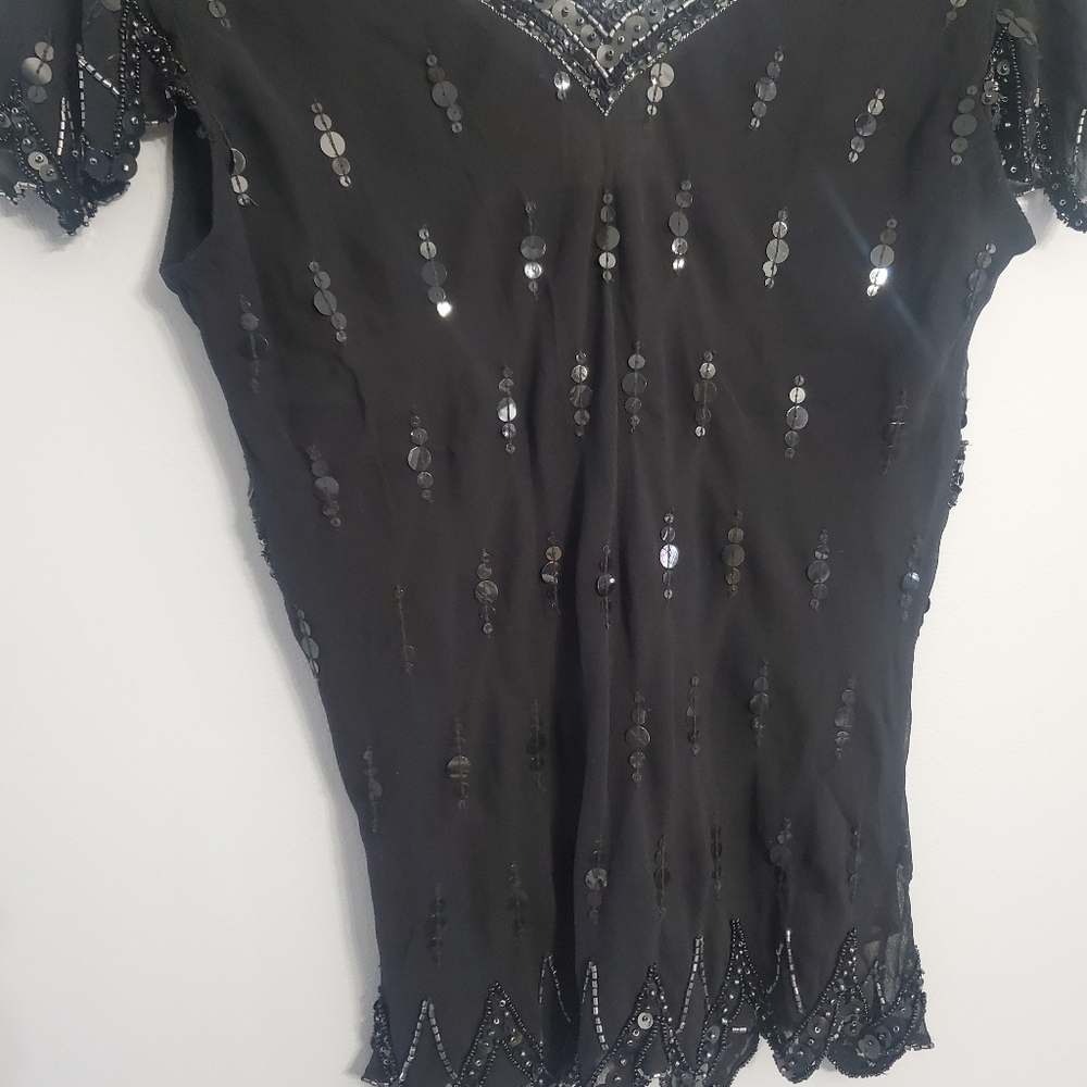 Papell Boutique Vintage Flapper Evening Blouse Silk Black Sequin Embellished  S - Picture 9 of 14